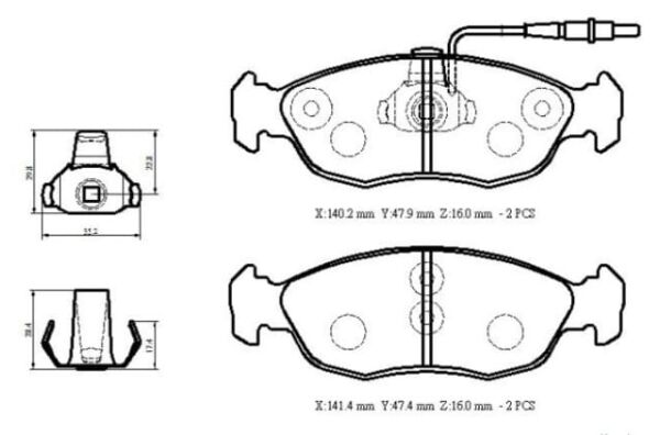 PEUGEOT 306- SD/HB- 97/00; ÖN FREN BALATASI (2 KABLOLU)(DİSK) (141,4X47,5X16/140,2X47,9X16) (BRA